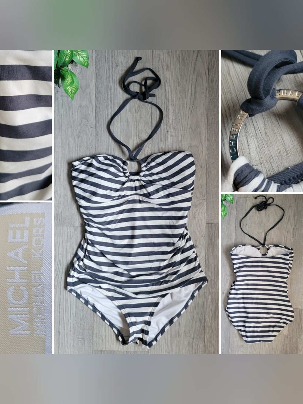 Michael Kors Logo Ring Halter Navy Off-White Nautical Striped Swimsuit, Women 8